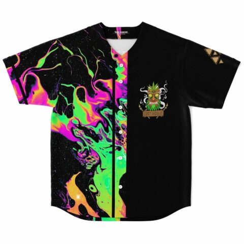 Black psychedelic rave baseball jersey with neon liquid swirl half and tiki leaf mascot patch