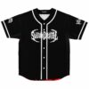 Front view of black baseball jersey with jagged white Suddendeath logo across chest