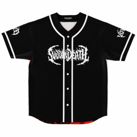 Front view of black baseball jersey with jagged white Suddendeath logo across chest