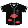 Black baseball rave jersey with red cloud patterns and graphic
