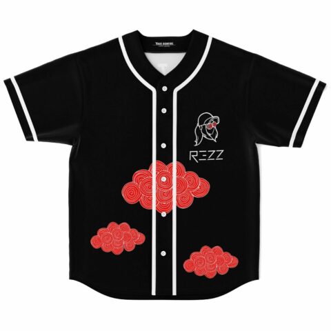 Black baseball rave jersey with red cloud patterns and graphic