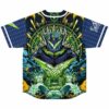 Armored demon king back print with green crystal crown and radiating mandala on baseball jersey