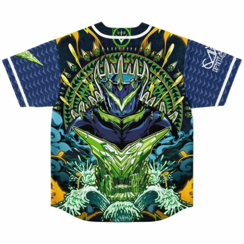 Armored demon king back print with green crystal crown and radiating mandala on baseball jersey