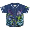 Navy blue armored demon rave baseball jersey with Dark Wooble graphic, chevron print, front view
