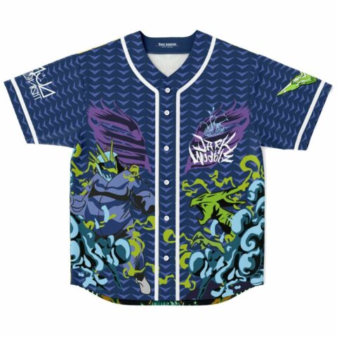 Navy blue armored demon rave baseball jersey with Dark Wooble graphic, chevron print, front view