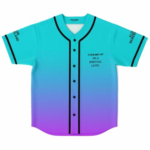 Teal to purple ombre rave baseball jersey with spiritual level text front view