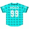 Turquoise rave baseball jersey back view with HOLO 99 print over repeating percent arrow pattern