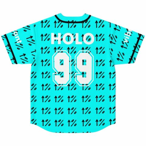 Turquoise rave baseball jersey back view with HOLO 99 print over repeating percent arrow pattern