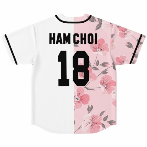 Pink split rave jersey back, HAM CHOI 18 text over floral and white panels