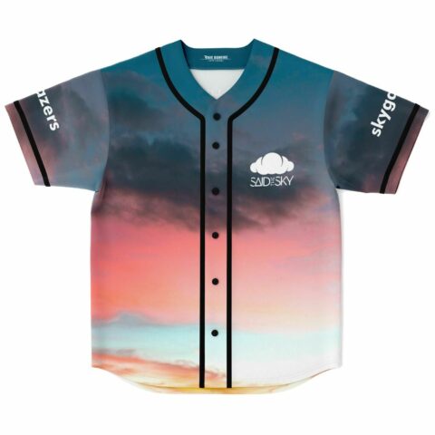 Sunset gradient rave baseball jersey with cloud logo and Said The Sky text, front view