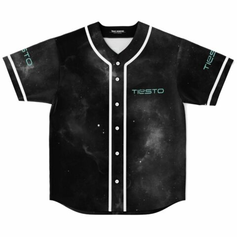 Black starry galaxy print rave baseball jersey with teal Tiesto logo front view