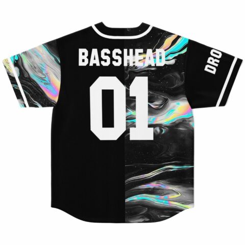 Basshead 01 back print on holographic liquid rave baseball jersey with drop sleeve text
