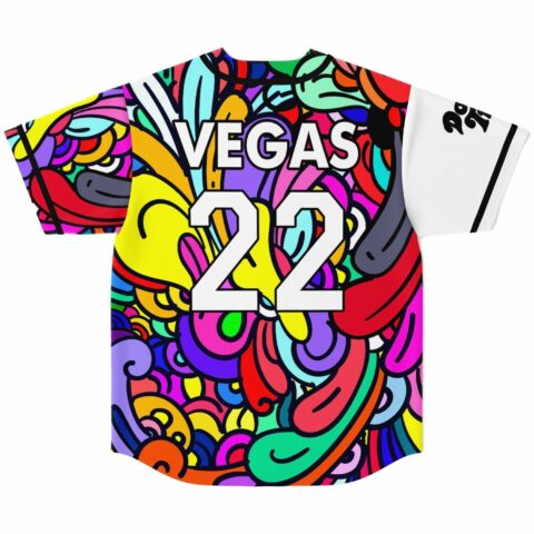 Back view of jersey with colorful abstract swirl print, VEGAS 22 text across shoulders