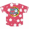 Coral pink floral jersey back, teal Dance Slayer text inside yellow moon graphic