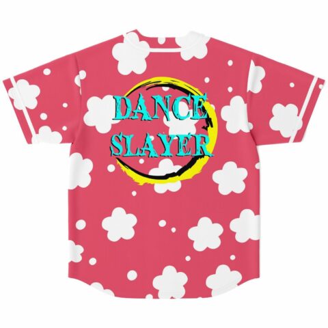 Coral pink floral jersey back, teal Dance Slayer text inside yellow moon graphic