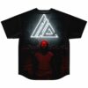 Glowing triangle emblem with red-eyed hooded figures graphic on jersey back