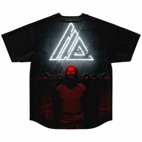 Glowing triangle emblem with red-eyed hooded figures graphic on jersey back