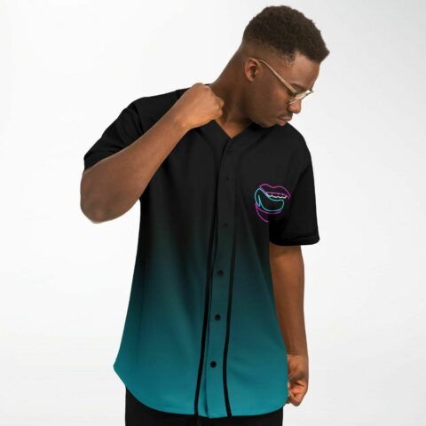 Model wearing black teal rave baseball jersey with neon pink teal lip graphic, front view