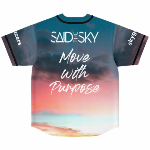 Teal to pink sunset jersey back view with Move with Purpose script lettering