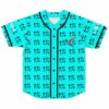 Turquoise rave baseball jersey with repeating up-arrow percent print and hummingbird patch, front view
