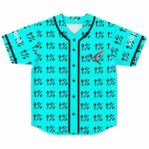 Turquoise rave baseball jersey with repeating up-arrow percent print and hummingbird patch, front view