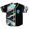 Black holographic liquid rave baseball jersey with dripping smiley graphic front view