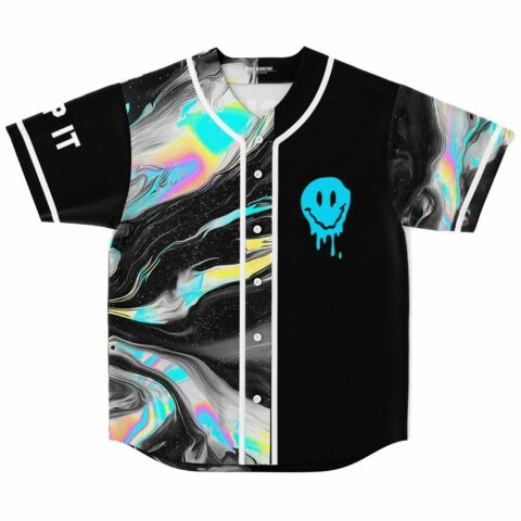 Black holographic liquid rave baseball jersey with dripping smiley graphic front view