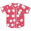 Coral pink baseball jersey with white flower print and anime-inspired cat face patch front view
