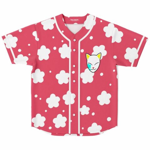 Coral pink baseball jersey with white flower print and anime-inspired cat face patch front view