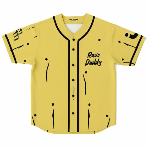 Pale yellow rave baseball jersey with hand-drawn line art and Rave Daddy text front view