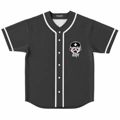 Dark charcoal rave baseball jersey with helmeted skull misfit logo on chest, front view
