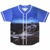 Bass-inspired baseball jersey front with rocky shoreline print and geometric icosahedron logo