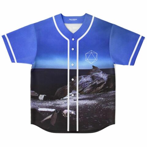 Bass-inspired baseball jersey front with rocky shoreline print and geometric icosahedron logo