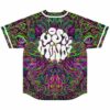 Neon swirl baseball jersey back view with white Lost Minds lettering over psychedelic pattern