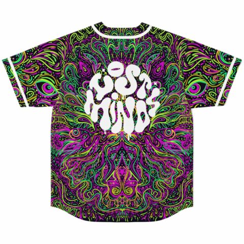Neon swirl baseball jersey back view with white Lost Minds lettering over psychedelic pattern