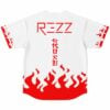 White rave baseball jersey back view with red flame hem and Japanese text print
