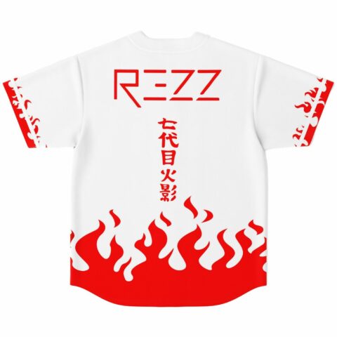 White rave baseball jersey back view with red flame hem and Japanese text print