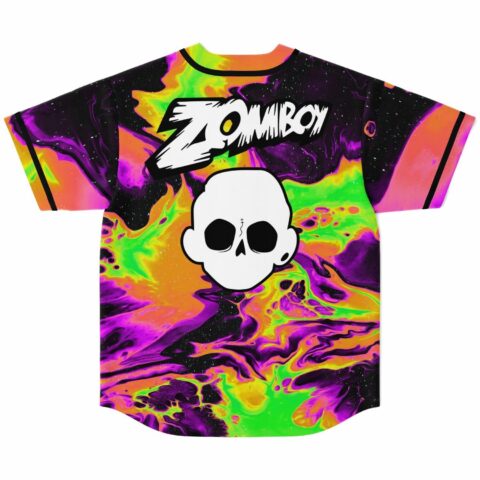 Back view of psychedelic marble jersey with Zomboy text above skull graphic