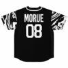 Back view flat lay of black jersey with MORUE 08 print, white marbled swirl sleeves