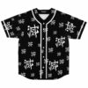 Black baseball jersey with white kanji brush script print and white button placket front view