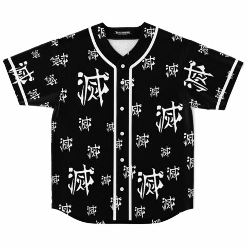 Black baseball jersey with white kanji brush script print and white button placket front view