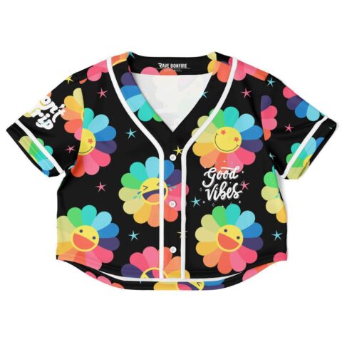 Black rave crop top with colorful flower and smiley face designs, front view.
