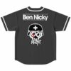 Ben Nicky text above helmeted skull misfit graphic on charcoal jersey, back view
