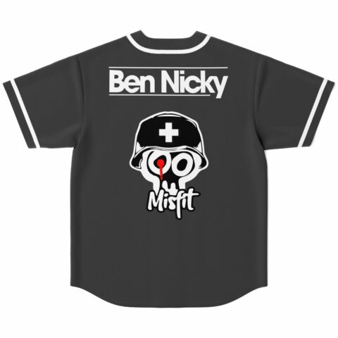 Ben Nicky text above helmeted skull misfit graphic on charcoal jersey, back view