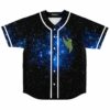 Deep space galaxy rave baseball jersey in black and royal blue with green winged pickle character on the chest, front view