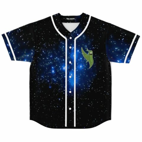 Deep space galaxy rave baseball jersey with cartoon pickle creature on chest, front view