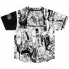 Anime-inspired manga panel baseball jersey back with bold Japanese text and battle scenes