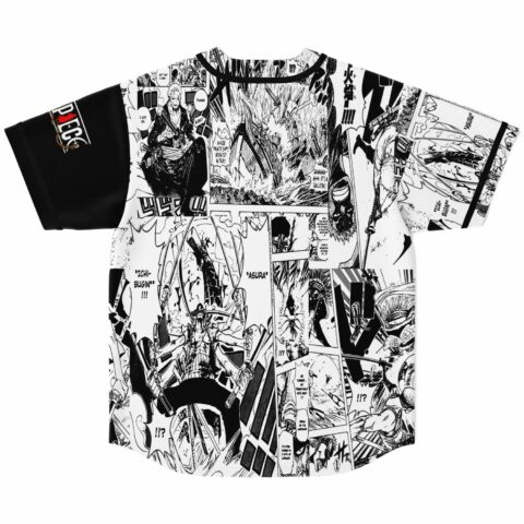 Anime-inspired manga panel baseball jersey back with bold Japanese text and battle scenes