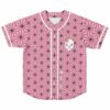 Pink asanoha rave baseball jersey with fox mask patch front view flat lay