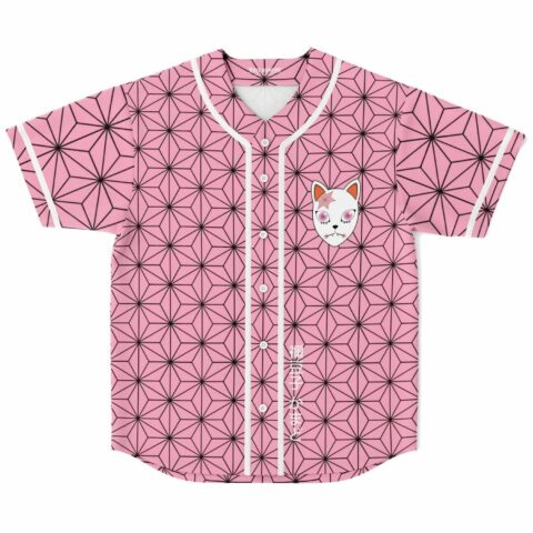 Pink asanoha rave baseball jersey with fox mask patch front view flat lay